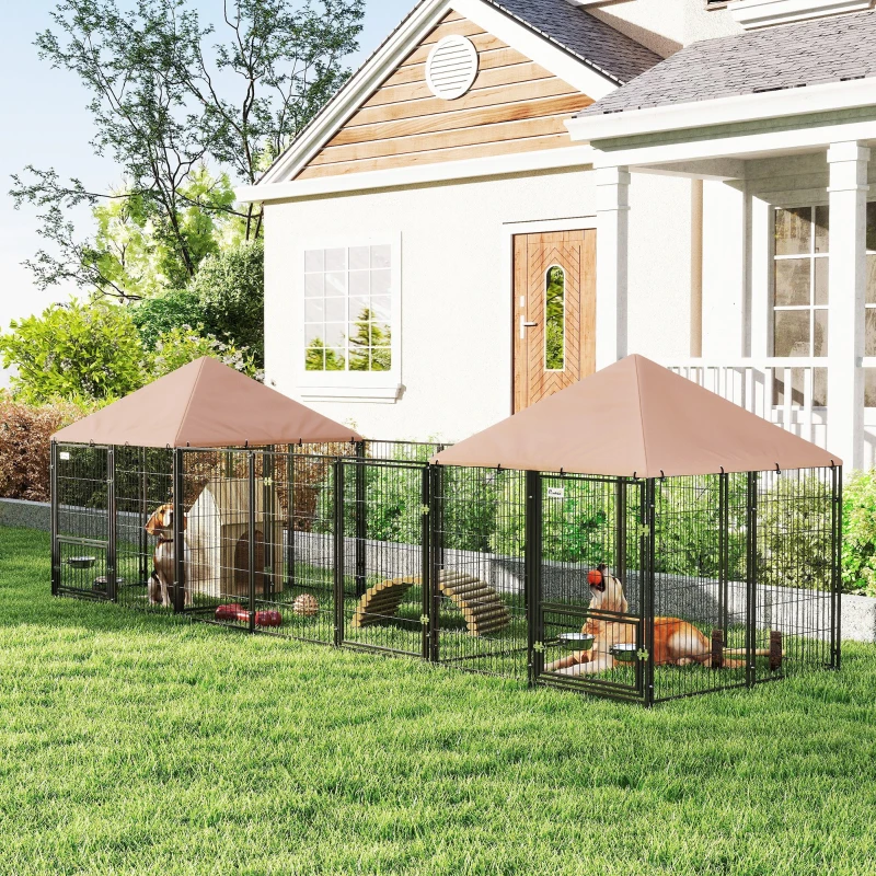 PawHut Outdoor Dog Kennel with 2 Rooms, Rotating & Adjustable Height Bowls, Waterproof UV-Resistant Cover, 16.2' x 4.7' x 5.1'
