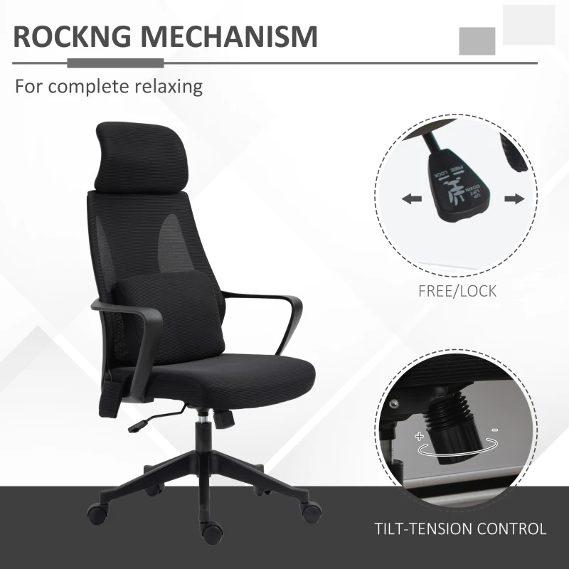 Vinsetto Ergonomic Home Office Mesh Desk Chairs, Computer Task Chair with Massage Lumbar Cushion, Adjustable Seat & Headrest, Rocking Function, Black