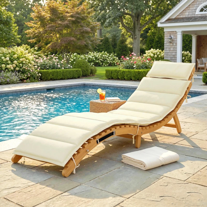 Outsunny Folding Chaise Lounge Chair Outdoor, Acacia Wood Lounger Tanning Chair with Cushion, Headrest, Cream White