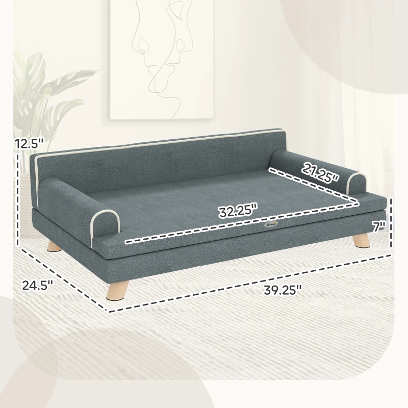 PawHut Dog Bed, Large Dog Couch with Washable Cover, Wooden Legs, Elevated Fancy Foam Pet Sofa for Medium & Large Breeds, Gray