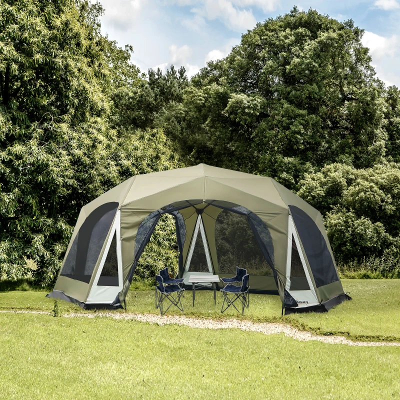 Outsunny 20 Person Camping Tent, Outdoor Cabin Tent Tent with 2 Doors, Screen Room, Family Dome Tent for Hiking, Backpacking, Traveling, Easy Set Up, Army Green