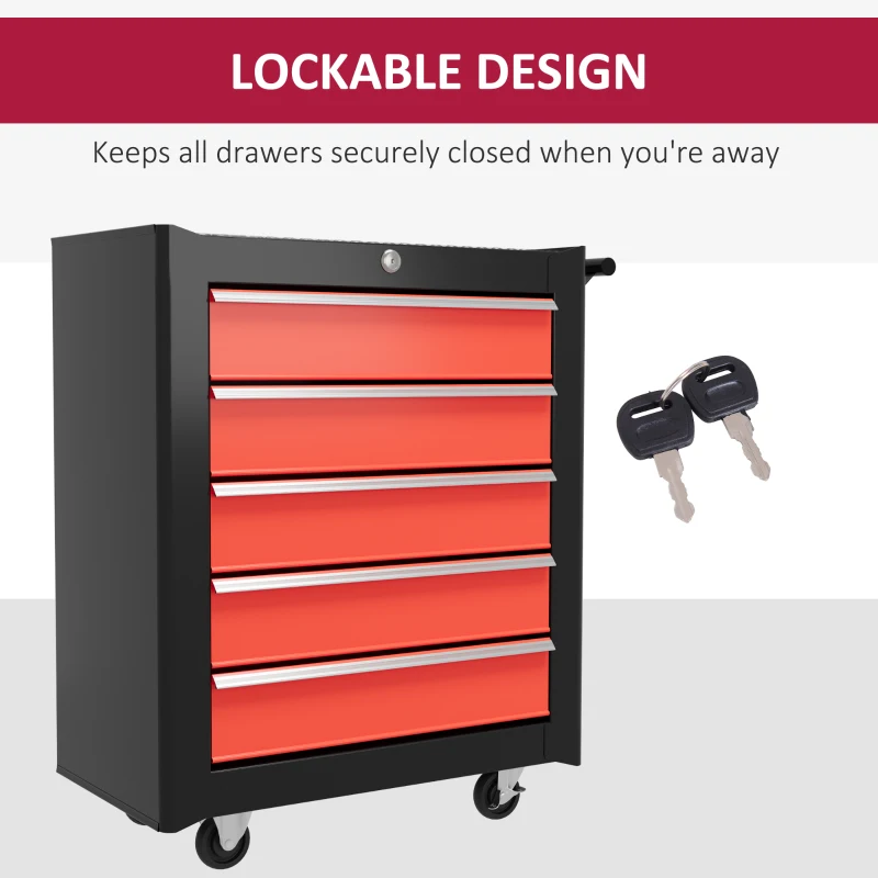 HOMCOM 5 Drawer Roller Tool Chest, Lockable Toolbox, Storage Organizer with Handle for Workshop Mechanics Garage, Black and Red