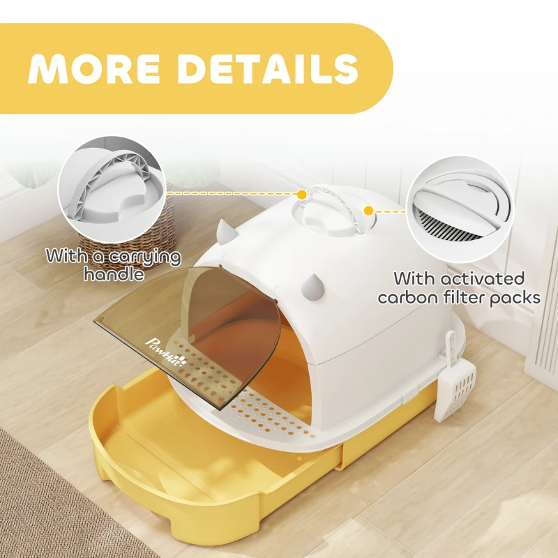 PawHut Cat Litter Box with Lid, Front Door Flap, Scoop, Handle, Easy Clean, for Small and Medium Cats, Yellow