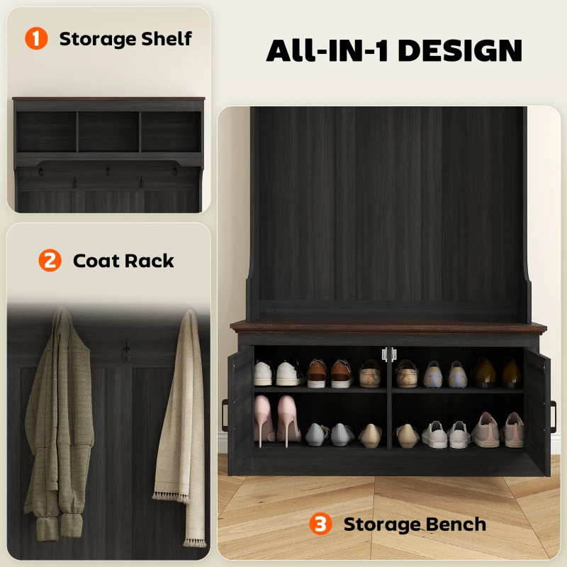 HOMCOM 3-in-1 Hall Tree with Bench, Coat Rack with Shoe Storage, Distressed Black