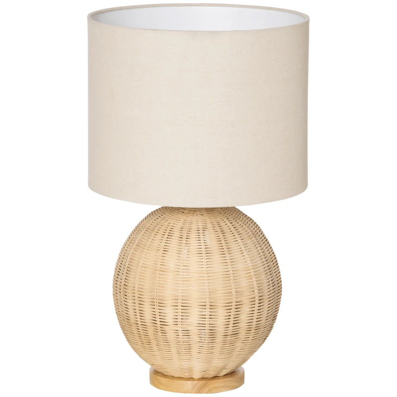 HOMCOM Nautical Style Table Lamp, Bedside Reading Light with White Fabric Lampshade and Rattan Base for E26 LED or Halogen Bulb for Living Room, Natural