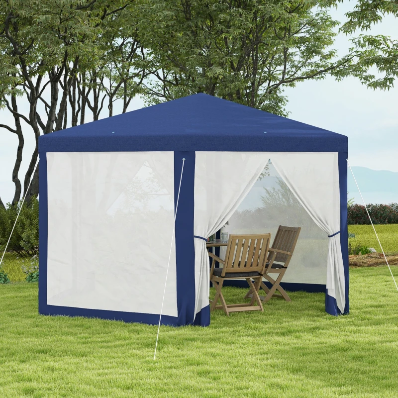Outsunny 13' x 11' Outdoor Party Tent, Hexagon Sun Shade Shelter Canopy w/ Protective Mesh Screen Sidewalls, Ropes & Stakes, Blue