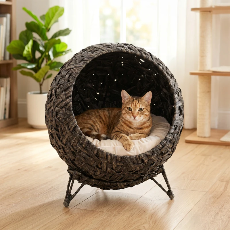 PawHut Rattan Cat Bed, Elevated Handwoven Cat Basket Bed with Soft Cushion and Metal Base