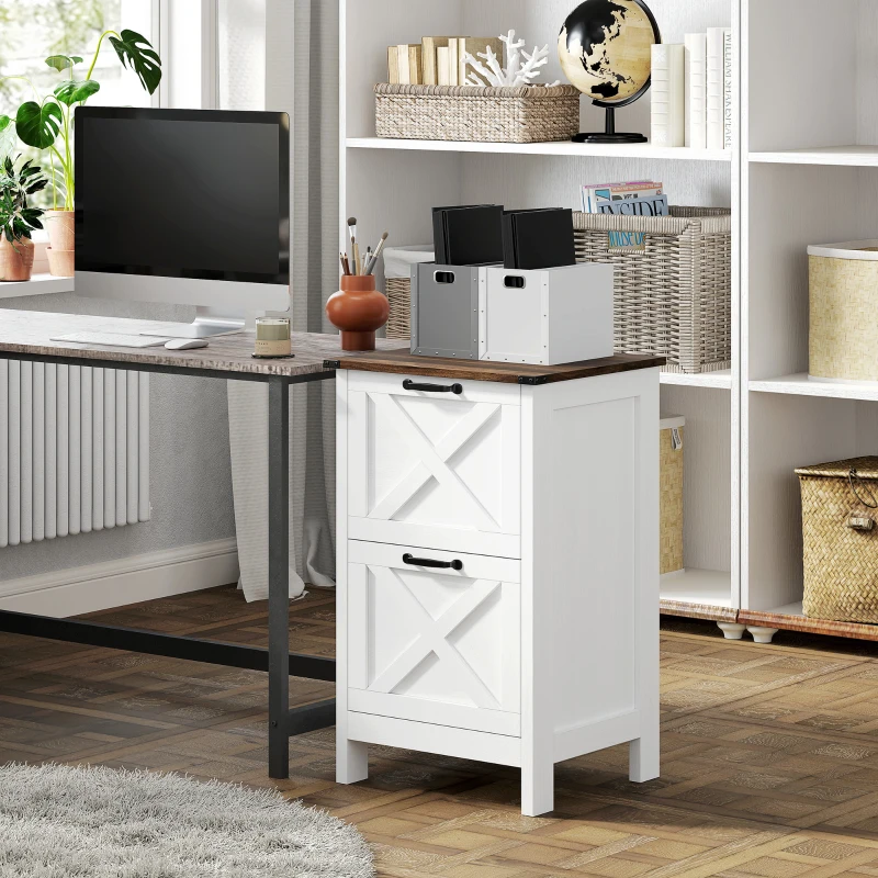 HOMCOM Vertical Filing Cabinet with 2 Drawers, Rustic Farmhouse Office Storage Cabinet for A4, Letter Size, Distressed White