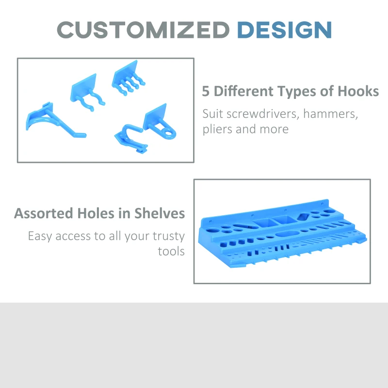 DURHAND 54 Piece Pegboard and Shelf Tool Organizer Wall Mounted DIY Garage Storage with 50 Hooks Blue