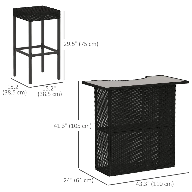 Outsunny 5 Pieces Patio Bar Set, Outdoor PE Rattan Wicker High Top Outdoor Table and Chairs Outdoor Bar Set with Tempered Glass Top Bar Table and Shelves, 4 Bar Chairs, Black