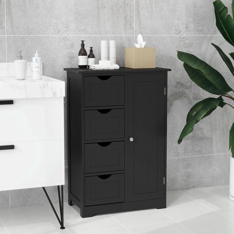 kleankin Bathroom Storage Cabinet, Floor Cabinet with Adjustable Shelf and 4 Drawers, Side Cabinet for Washroom, Black