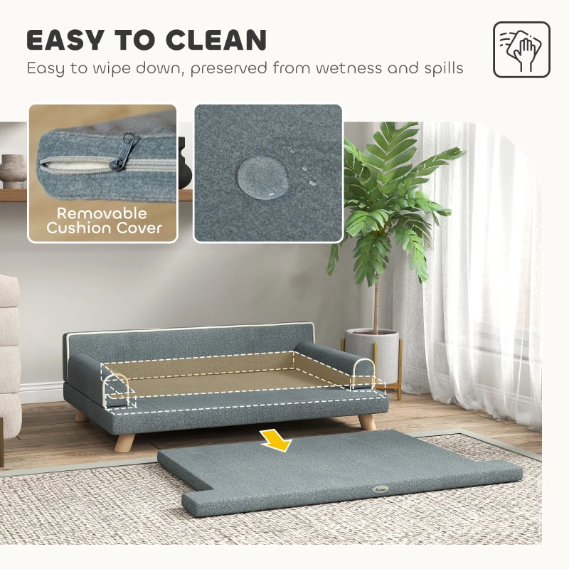 PawHut Dog Bed, Large Dog Couch with Washable Cover, Wooden Legs, Elevated Fancy Foam Pet Sofa for Medium & Large Breeds, Gray