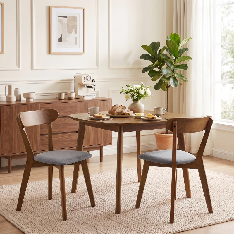 HOMCOM Dining Chairs Upholstered Linen-Look Kitchen Chairs Rubberwood Legs Set of 2 Grey and Brown