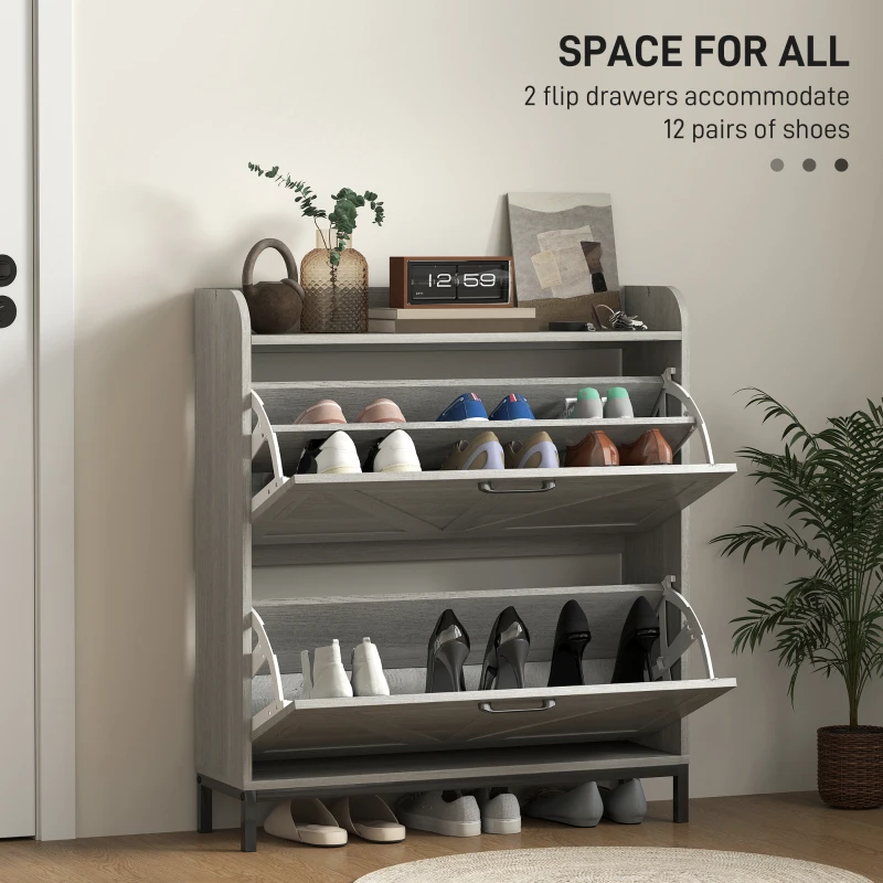 HOMCOM Shoe Cabinet Organizer with 2 Flip Drawers, Legs, Narrow Shoe Storage Cabinet for Entryway, Hallway, Light Gray