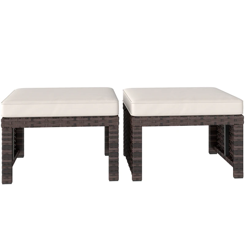 Outsunny 2 Pieces Wicker Outdoor Ottomans with Removable Cushions, Rattan Outdoor Seating, Footrest and Side Table, Khaki