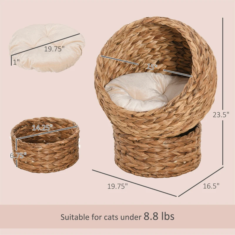 PawHut Handwoven Elevated Cat Bed with Soft Cushion & Egg Chair Shape, Basket Bed Kitty House with Stand, Raised Wicker House for Indoor Cats, 23.5" H, Light Brown