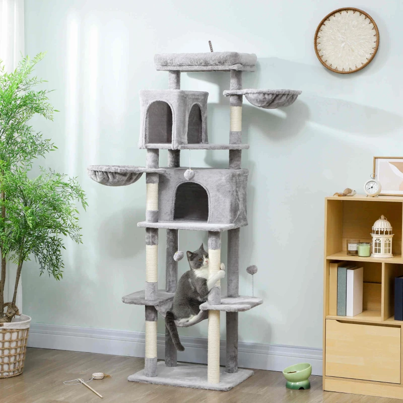 PawHut 69" Cat Tree, Multi-Level Cat Tower with 2 Condos, Plush Perch and Sisal Scratching Posts, Light Grey