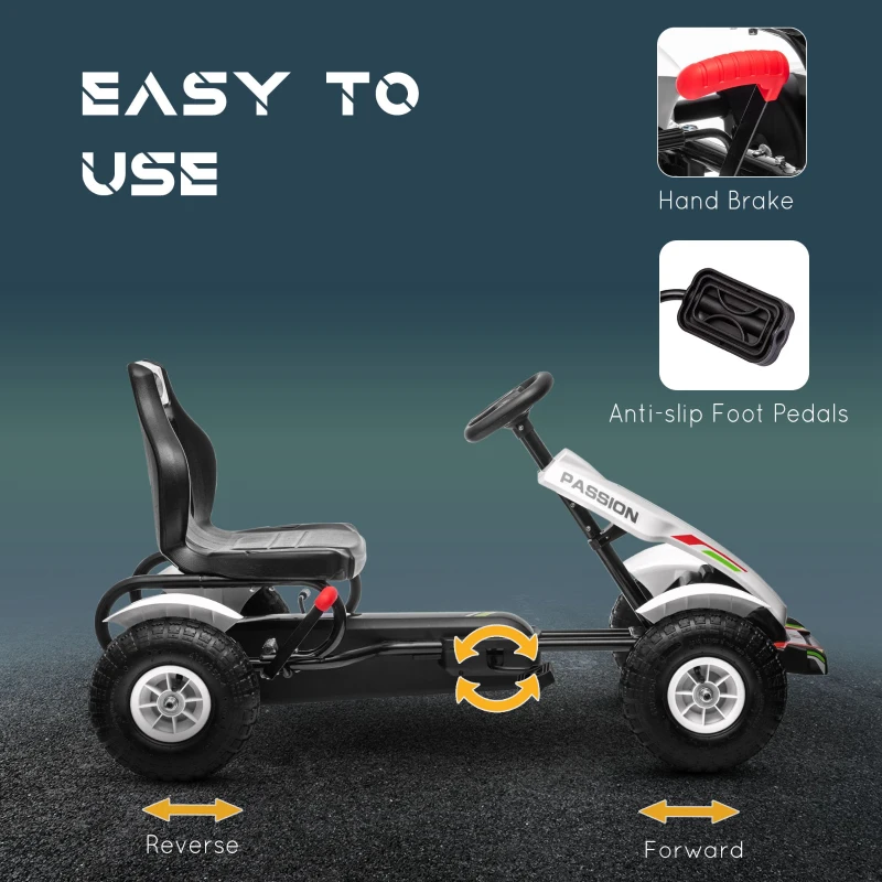 Aosom Pedal Go Kart for Kids, Pedal Car with Adjustable Bucket, Handbrake, 4 Rubber Wheels Powered Ride, White