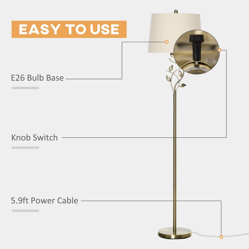 HOMCOM Traditional Floor Lamp with Leaf Design and Tapered Lampshade, Standing Lamp for Living Room, Bedroom, Office, Antique Bronze