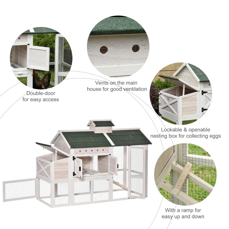 PawHut Wooden Chicken Coop Hen House with Removable Tray and Nest Box, 71" Rabbit Hutch and Poultry Cage with Ventilated Holes , White
