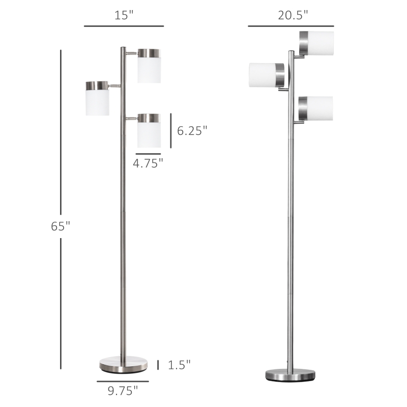 HOMCOM Modern Floor Lamp, Standing Lamp with 3 Rotating Lights for Living Room, Bedroom, Office, Silver