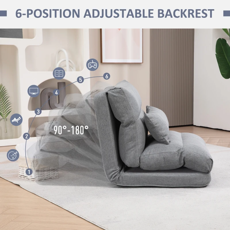 HOMCOM Floor Chair for Adults Floor Sofa Bed with 6-Position Adjustable Backrest Pillow for Reading Gaming Meditating Gray