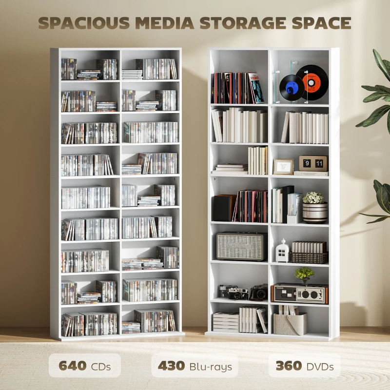 HOMCOM 9-Tier DVD Shelf with 18 Compartments and 14 Adjustable Shelves, Holds 640 CDs, 360 DVDs or 430 Blu-rays, White