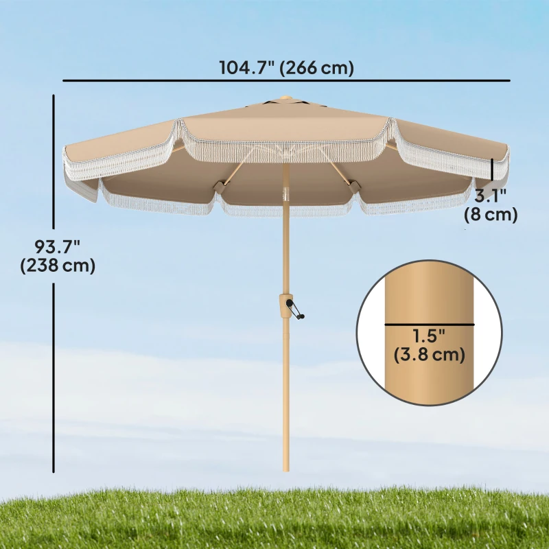 Outsunny 9 ft Patio Umbrella with Push Button Tilt and Crank, Fringed Outdoor Market Table Umbrella Parasol, Khaki