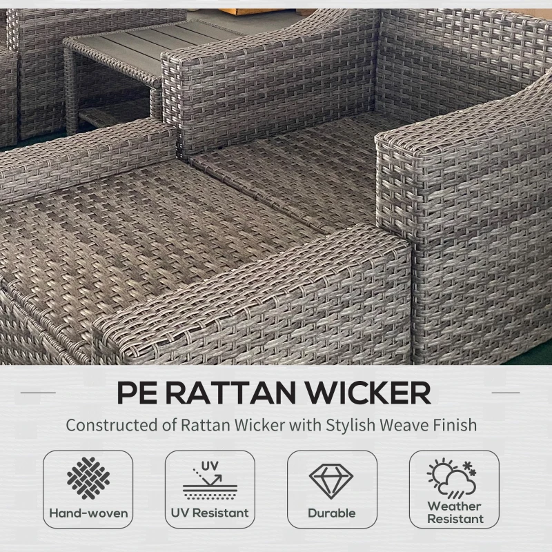 Outsunny 5pc Patio Furniture Set, All Weather PE Rattan Conversation Chair and Ottoman Set w/ Table, Cushion Pillows, Gray