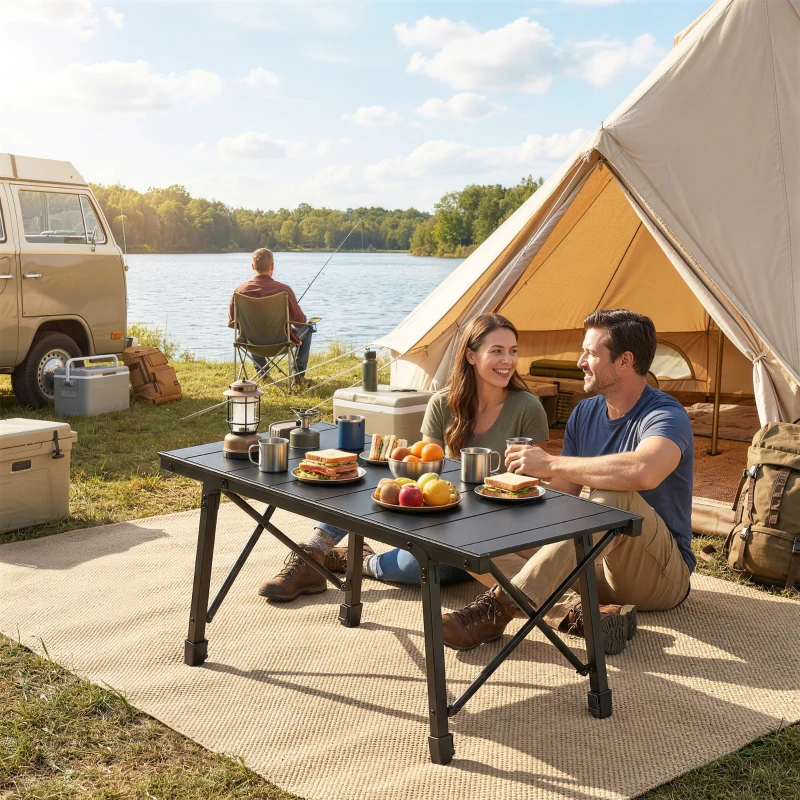 Outsunny Adjustable Height Folding Picnic Table with Removable Plates, Aluminum Camping Table, Black