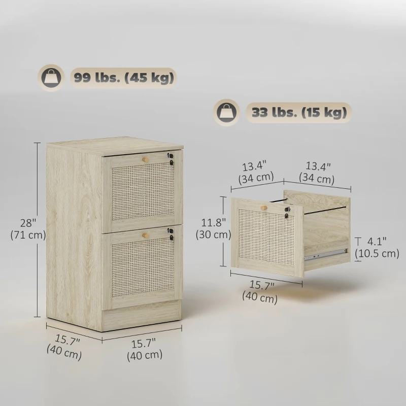 HOMCOM 2 Drawer Filing Cabinet with Lock, Boho File Cabinet for A4 Letter Size Files with Decorative Rattan Accents, Oak