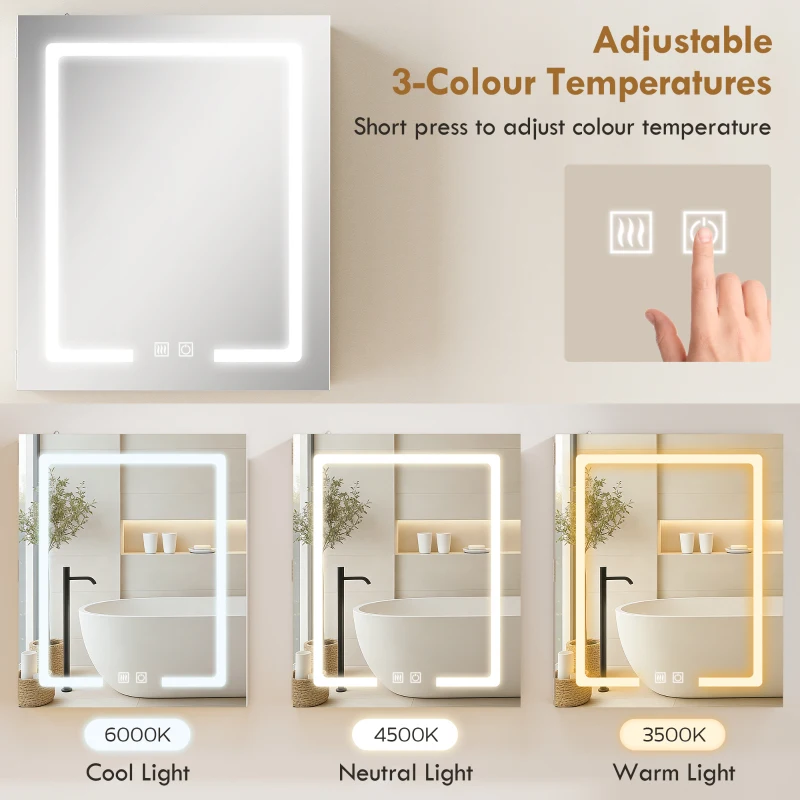 HOMCOM Bathroom Medicine Cabinet with Lights, Wall Mounted Medicine Cabinet with Mirror Demister Pad, Adjustable Shelves, White