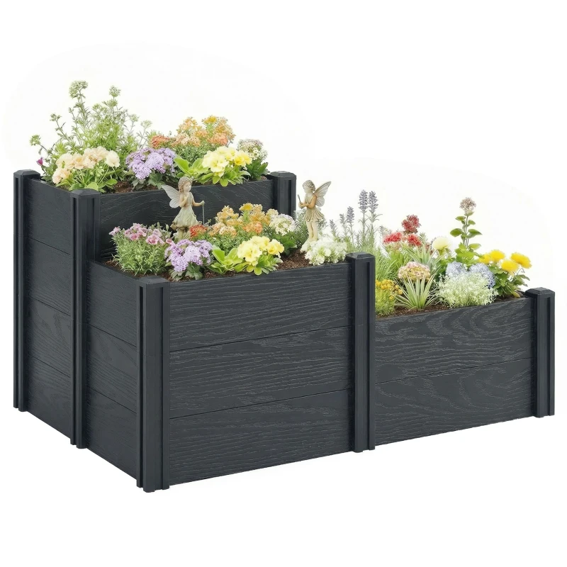 Outsunny Vinyl Raised Garden Bed Kit, 3-Tier Elevated Garden Box with Open Bottom, DIY Assembly, Grey Wood Effect
