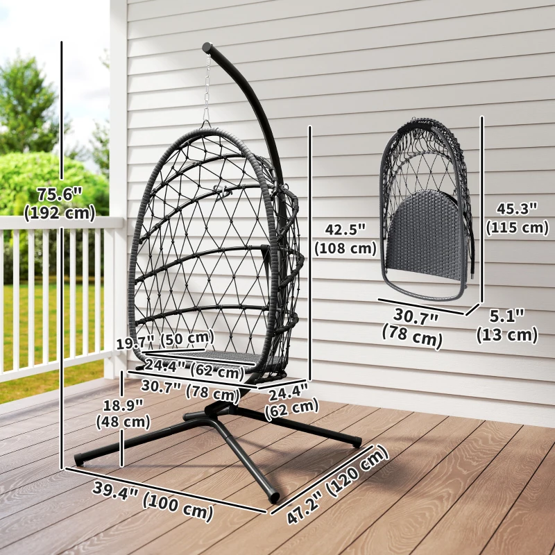 Outsunny Hanging Egg Chair with Stand, Foldable Wicker Rattan Swing Chair with Thick Cushion and Safety Rope, Grey