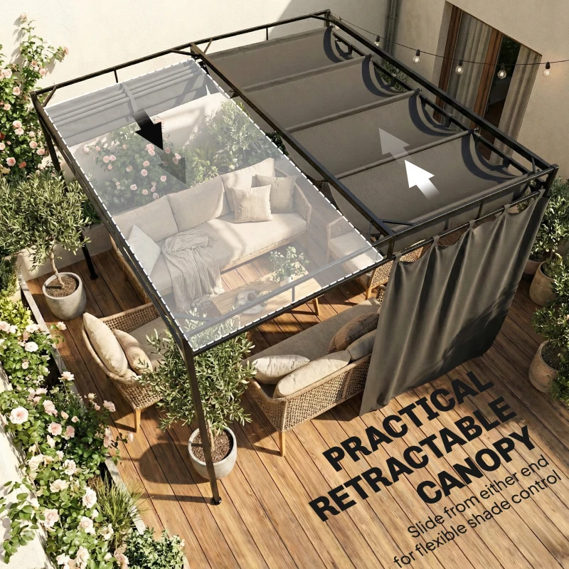 Outsunny 10' x 10' Retractable Pergola Canopy, Outdoor Pergola with Curtains, Metal Garden Gazebo Sun Shade Shelter for Patio