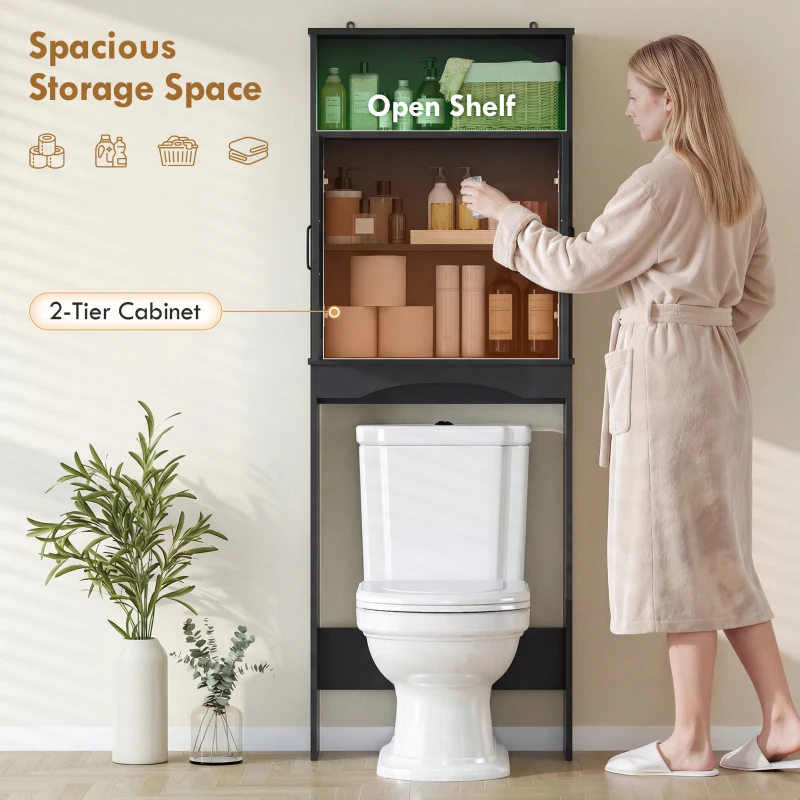 HOMCOM Over The Toilet Storage Shelf Freestanding Bathroom Organizer with 2 Doors and Open Shelf Black