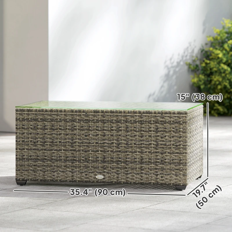 Outsunny Wicker Outdoor Coffee Table, PE Wicker Rectangular Patio Table with Tempered Glass Top for Garden, Balcony, Dark Grey
