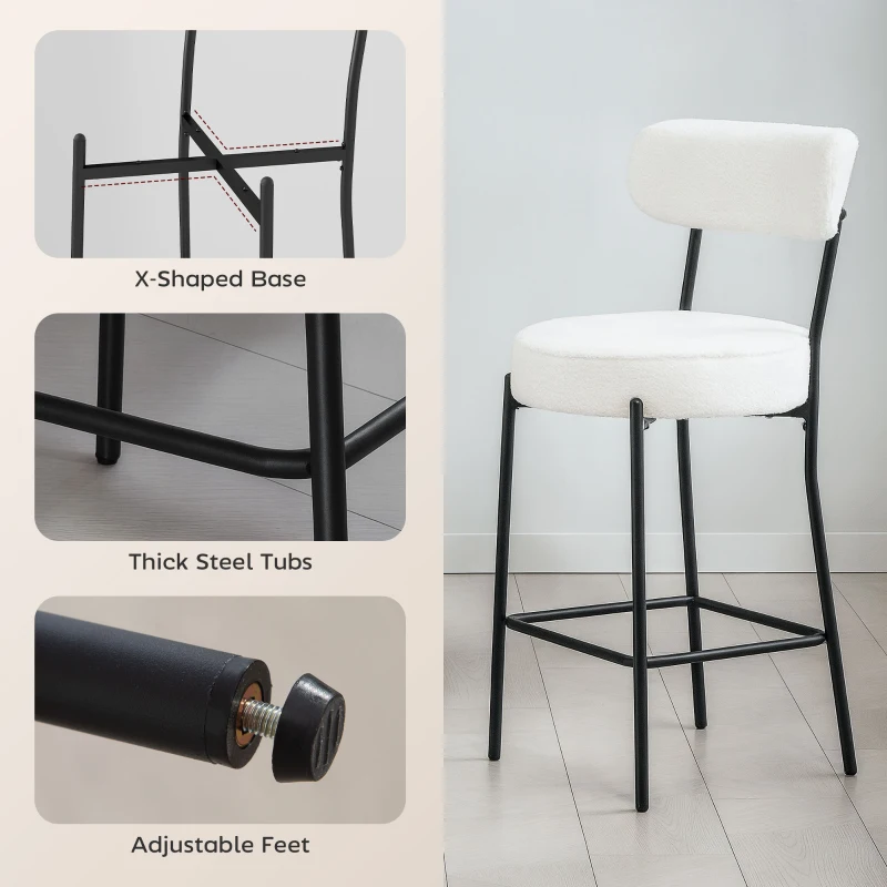 HOMCOM Set of 2 Barstools, Upholstered Bar Stools with Backrest, Footrest for Kitchen Island, Dining Room, Cream White