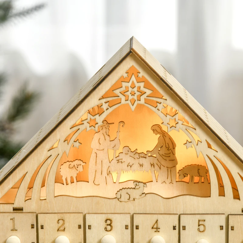 HOMCOM Christmas Advent Calendar, Light Up Manger Scene Tabletop Xmas Wooden House Holiday Decoration with Countdown Drawer