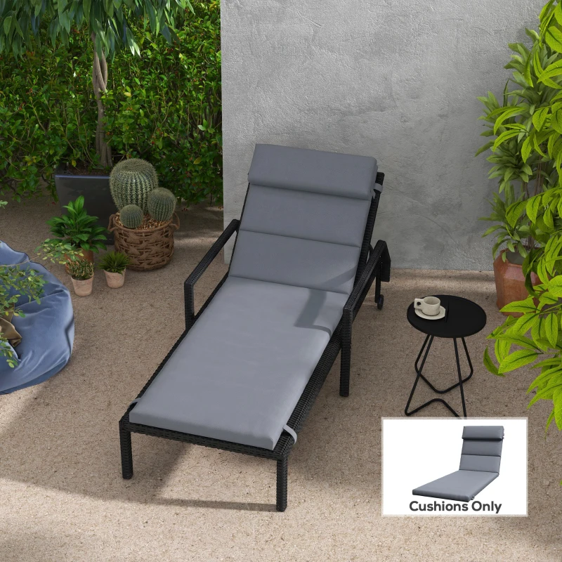Outsunny Patio Chaise Lounge Chair Cushion Replacement Sun Lounger Pads with Headrest and Ties, Dark Grey