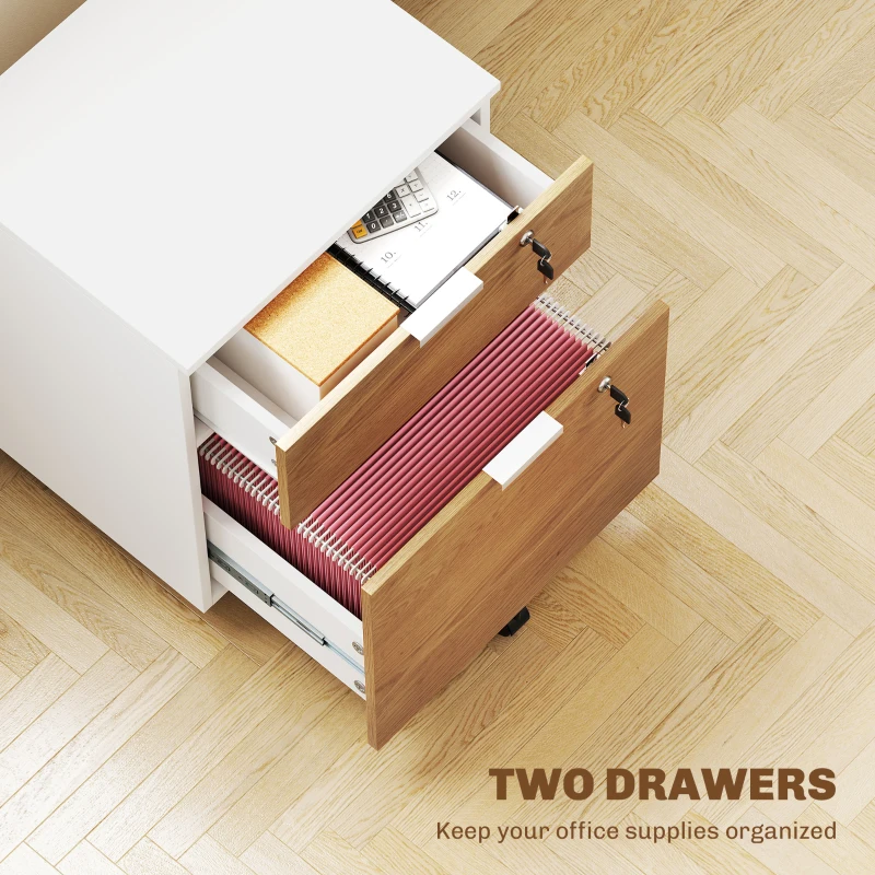 HOMCOM 2 Drawer Small Filing Cabinet Lockable Office Storage Cabinet with Hanging Bars for A4 Legal Letter White Nature Wood
