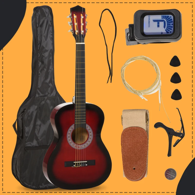 Soozier 36" Kids Acoustic Guitar Set with Easy Strings, Tuner, Picks, and Waterproof Case Included, Beginner Acoustic Guitar for Kids, Portable Acoustic Child Guitar, Wine Red