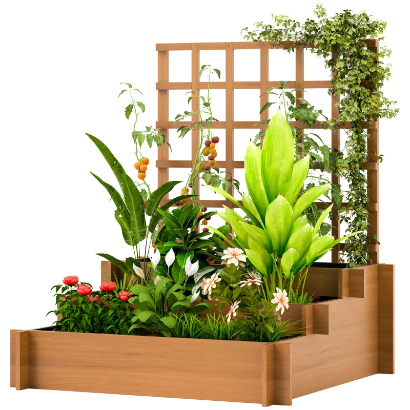 Outsunny Wooden Elevated Planter Box with Trellis for Climbing Plants, 3 Tier Raised Garden Bed for Garden, Outdoor, Brown