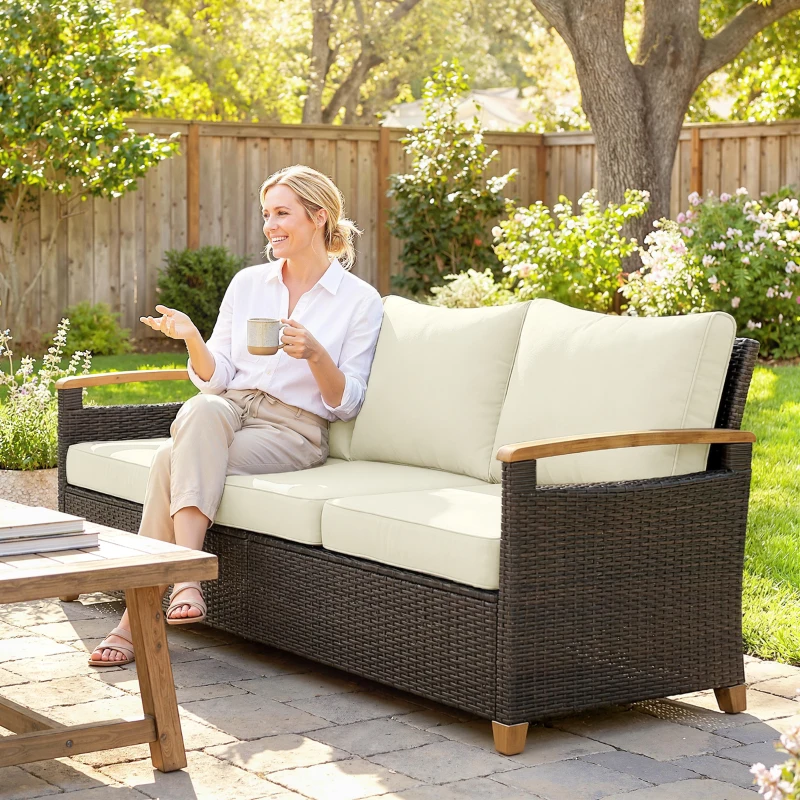 Outsunny 3 Seater Outdoor Couch Sofa, PE Wicker Patio Furniture Couch, Wide Seat, 4" Cushions, Wood-Effect Armrests, Cream White