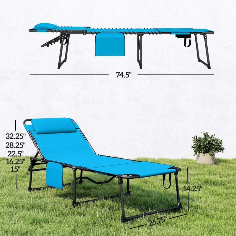 Outsunny Folding Chaise Tanning Lounge Chair w/ 5-level Reclining Back, Reading Hole, Side Pocket, Headrest, Blue