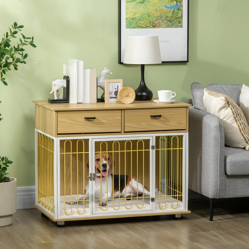 PawHut Dog Crate with Drawers, Soft Cushion, Lockable Door, for Small and Medium Dogs, Oak
