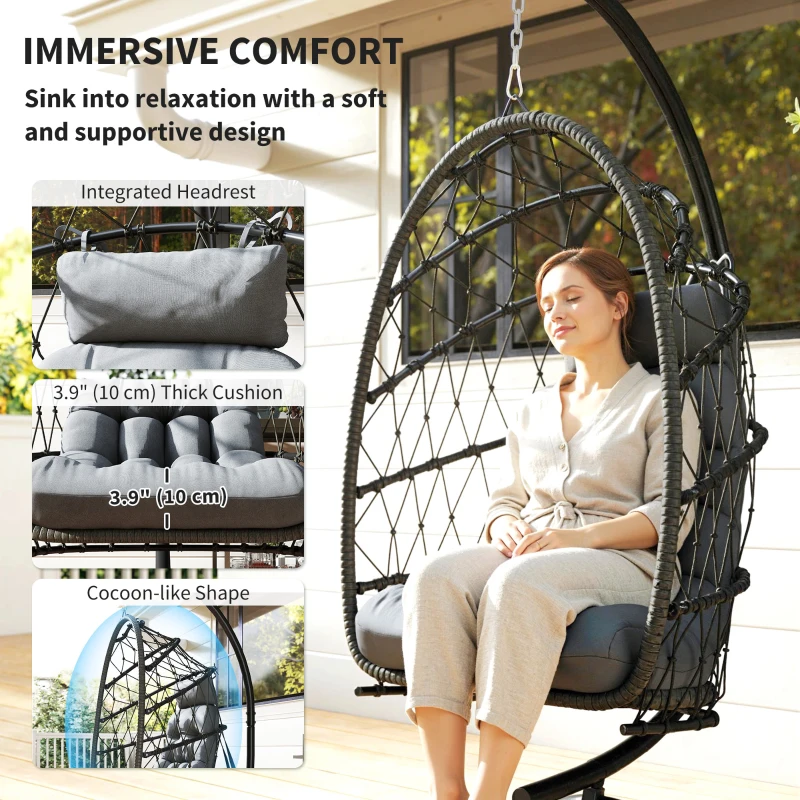 Outsunny Hanging Egg Chair with Stand, Foldable Wicker Rattan Swing Chair with Thick Cushion and Safety Rope, Grey