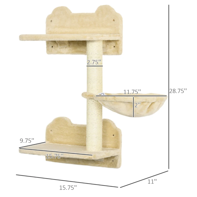 PawHut Wall-Mounted Cat Tree with Hammock for a Cute Cat Bed, Modern Cat Tree with Scratching Post & Cat Shelves, Climbing Playground Kitty Tower