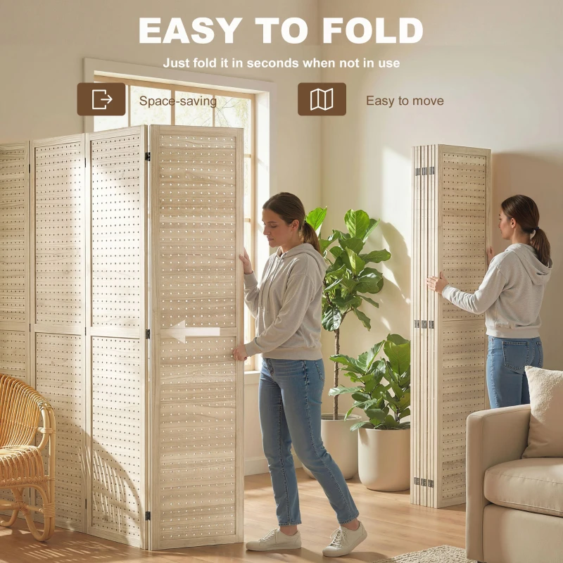 HOMCOM 5.6 Ft. Tall 8-Panel Room Divider, Pegboard Panel Folding Privacy Screen, Partition Wall Divider for Bedroom, Natural