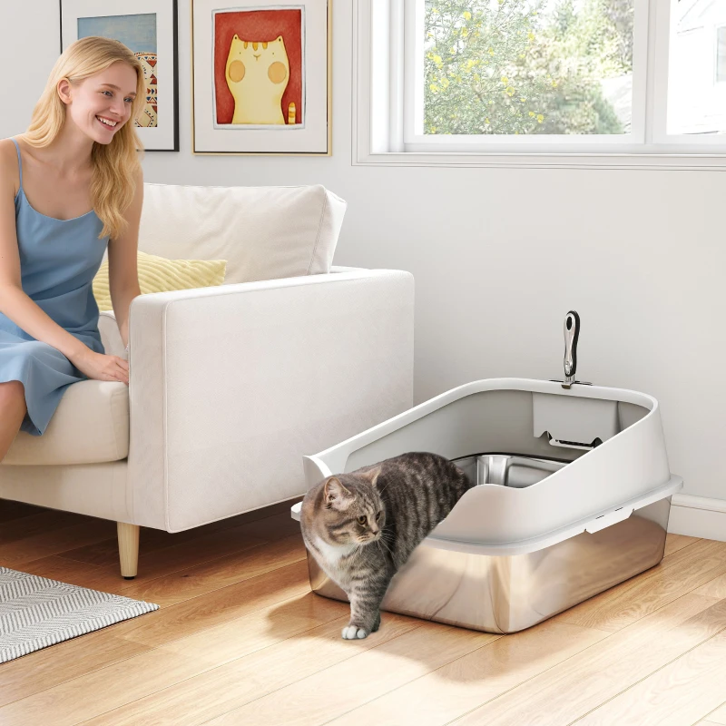 PawHut Cat Litter Box Stainless Steel with Metal Litter Scoop, Never Absorbs Odors, Anti Leakage, 24" x 16" x 12", Grey